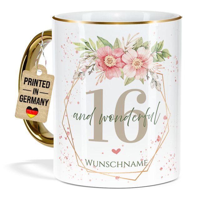 Tasse zum 16. Geburtstag - Mit Name - Wonderful mit Kranz - Rand &amp; Henkel Gold