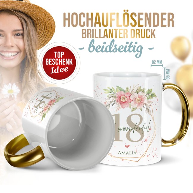 Tasse mit Goldhenkel zum 18. Geburtstag - Mit Name - Wonderful mit Kranz