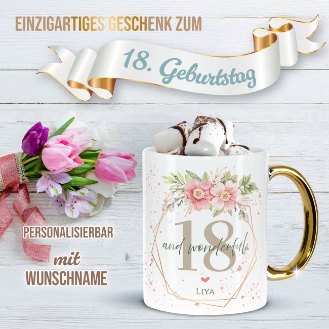 Tasse mit Goldhenkel zum 18. Geburtstag - Mit Name - Wonderful mit Kranz