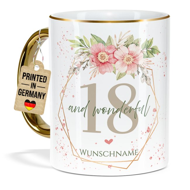 Tasse zum 18. Geburtstag - Mit Name - Wonderful mit Kranz - Rand &amp; Henkel Gold
