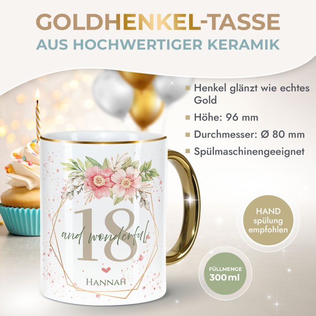 Tasse zum 18. Geburtstag - Mit Name - Wonderful mit Kranz - Rand &amp; Henkel Gold