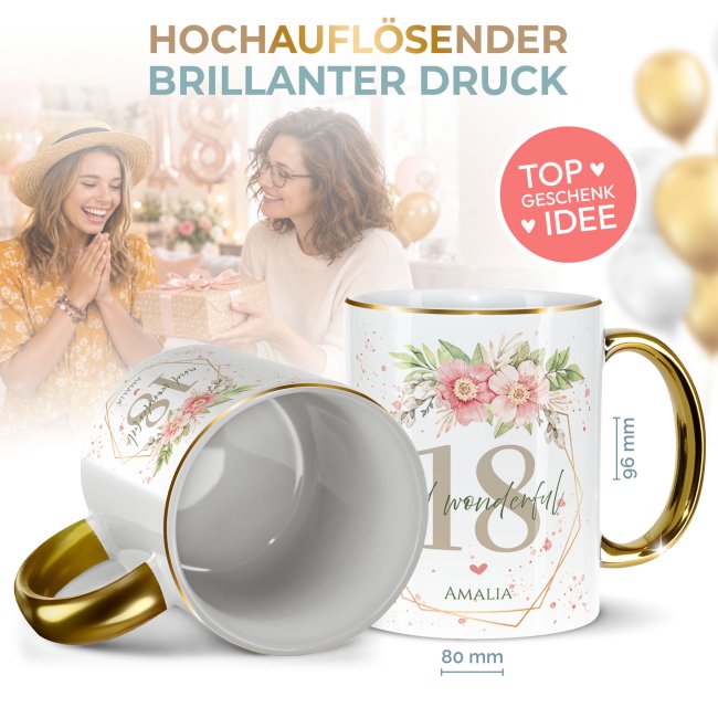 Tasse zum 18. Geburtstag - Mit Name - Wonderful mit Kranz - Rand &amp; Henkel Gold
