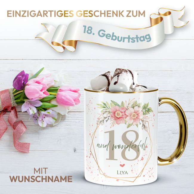 Tasse zum 18. Geburtstag - Mit Name - Wonderful mit Kranz - Rand &amp; Henkel Gold