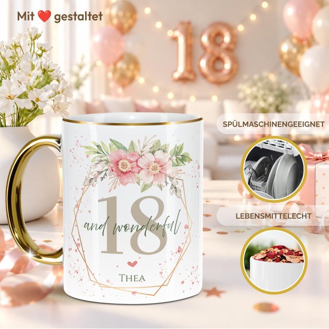 Tasse zum 18. Geburtstag - Mit Name - Wonderful mit Kranz - Rand &amp; Henkel Gold
