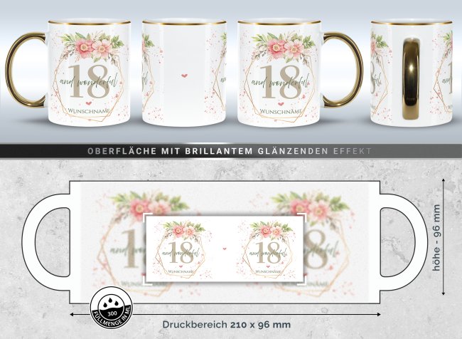 Tasse zum 18. Geburtstag - Mit Name - Wonderful mit Kranz - Rand &amp; Henkel Gold