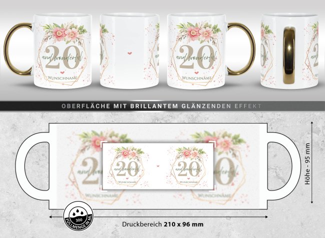 Tasse mit Goldhenkel zum 20. Geburtstag - Mit Name - Wonderful mit Kranz