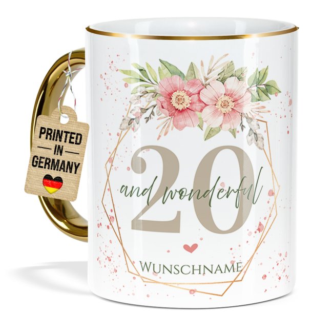 Tasse zum 20. Geburtstag - Mit Name - Wonderful mit Kranz - Rand &amp; Henkel Gold
