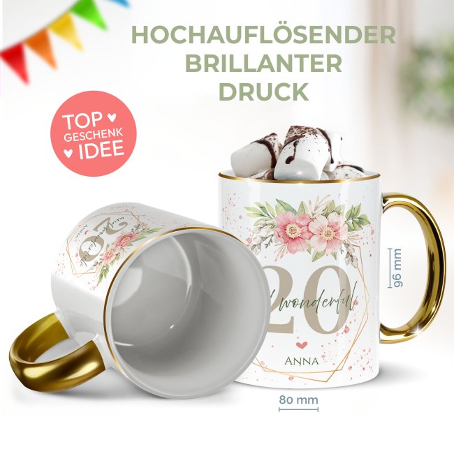 Tasse zum 20. Geburtstag - Mit Name - Wonderful mit Kranz - Rand &amp; Henkel Gold