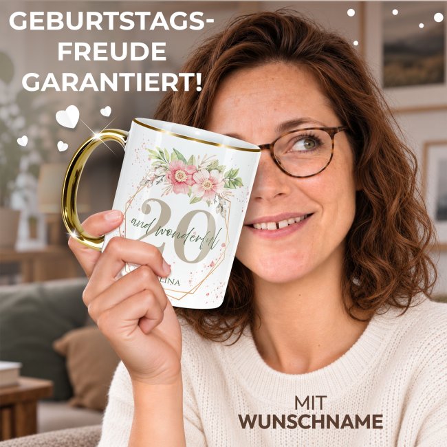 Tasse zum 20. Geburtstag - Mit Name - Wonderful mit Kranz - Rand &amp; Henkel Gold