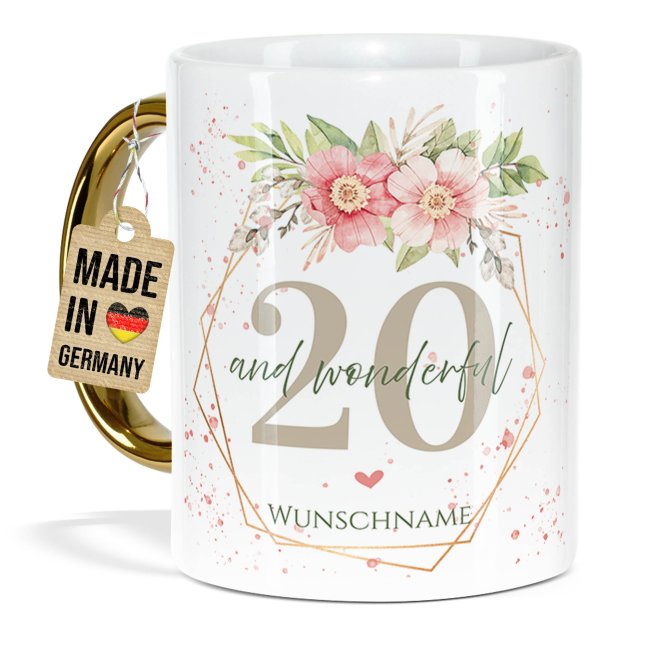 Tasse mit Goldhenkel zum 20. Geburtstag - Mit Name - Wonderful mit Kranz