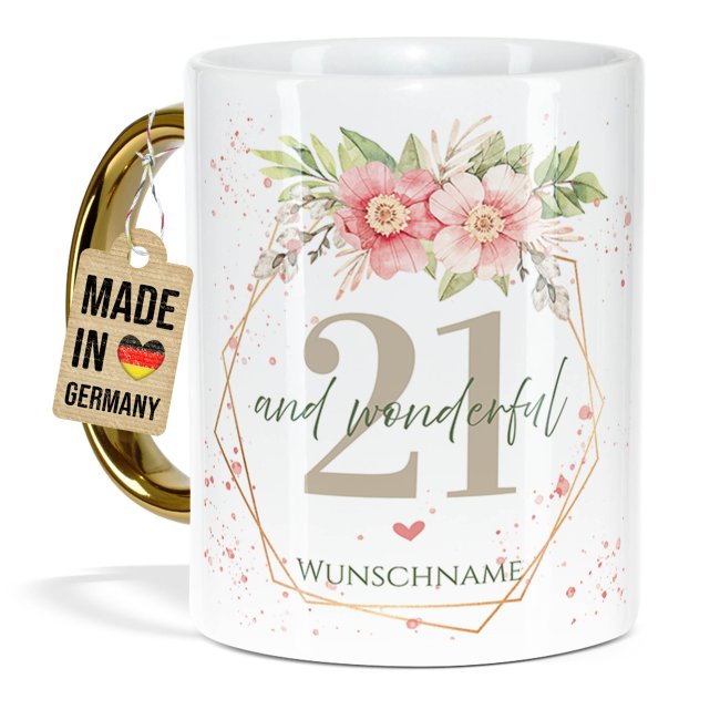 Tasse mit Goldhenkel zum 21. Geburtstag - Mit Name - Wonderful mit Kranz