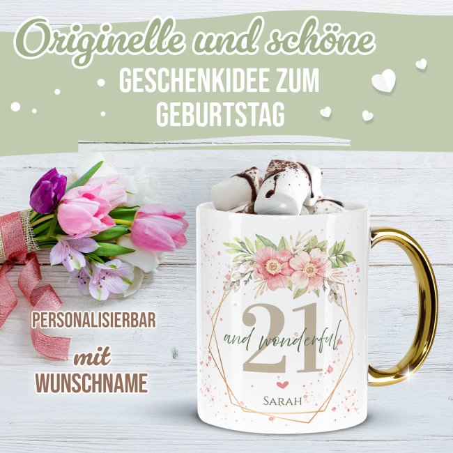 Tasse mit Goldhenkel zum 21. Geburtstag - Mit Name - Wonderful mit Kranz