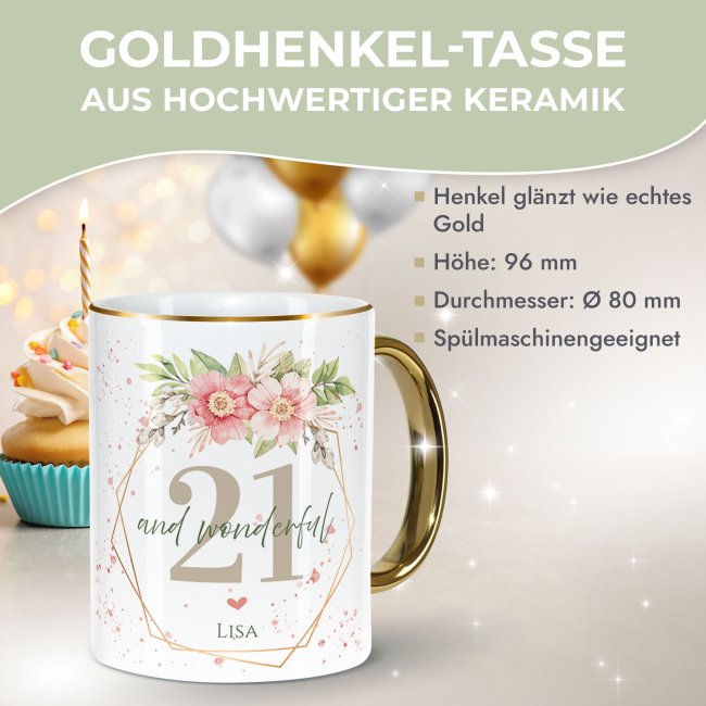 Tasse zum 21. Geburtstag - Mit Name - Wonderful mit Kranz - Rand &amp; Henkel Gold