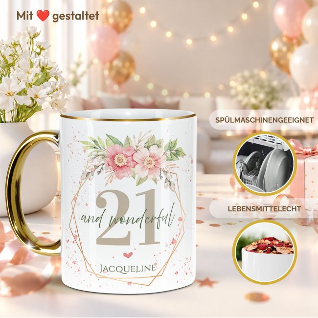 Tasse zum 21. Geburtstag - Mit Name - Wonderful mit Kranz - Rand &amp; Henkel Gold