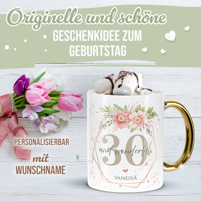 Tasse mit Goldhenkel zum 30. Geburtstag - Mit Name - Wonderful mit Kranz
