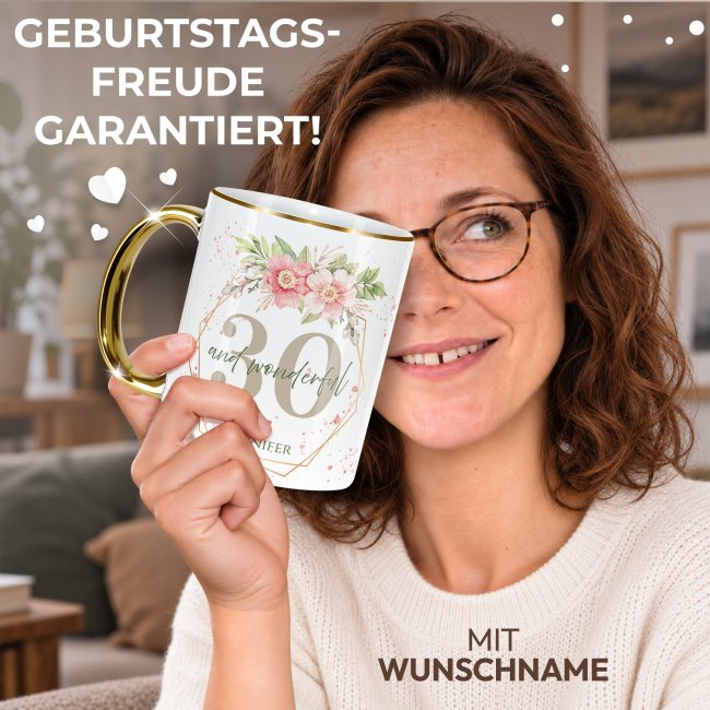 Tasse zum 30. Geburtstag - Mit Name - Wonderful mit Kranz - Rand &amp; Henkel Gold