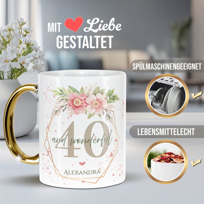 Tasse mit Goldhenkel zum 40. Geburtstag - Mit Name - Wonderful mit Kranz