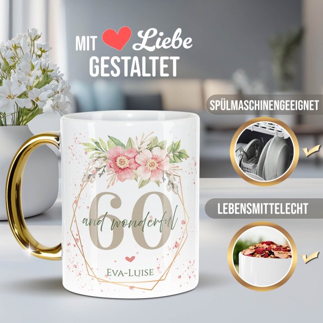Tasse mit Goldhenkel zum 60. Geburtstag - Mit Name - Wonderful mit Kranz