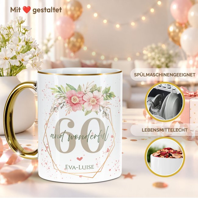 Tasse zum 60. Geburtstag - Mit Name - Wonderful mit Kranz - Rand &amp; Henkel Gold