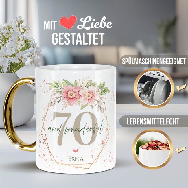 Tasse mit Goldhenkel zum 70. Geburtstag - Mit Name - Wonderful mit Kranz