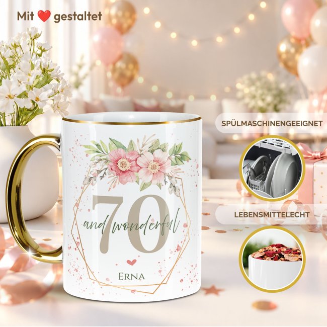 Tasse mit Goldhenkel zum 70. Geburtstag - Mit Name - Wonderful mit Kranz