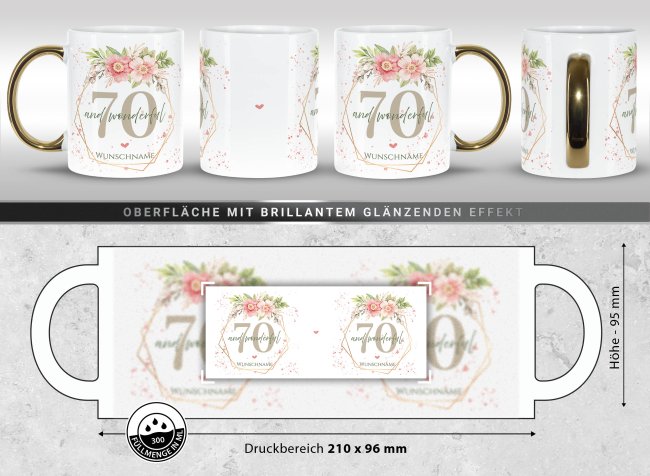 Tasse mit Goldhenkel zum 70. Geburtstag - Mit Name - Wonderful mit Kranz