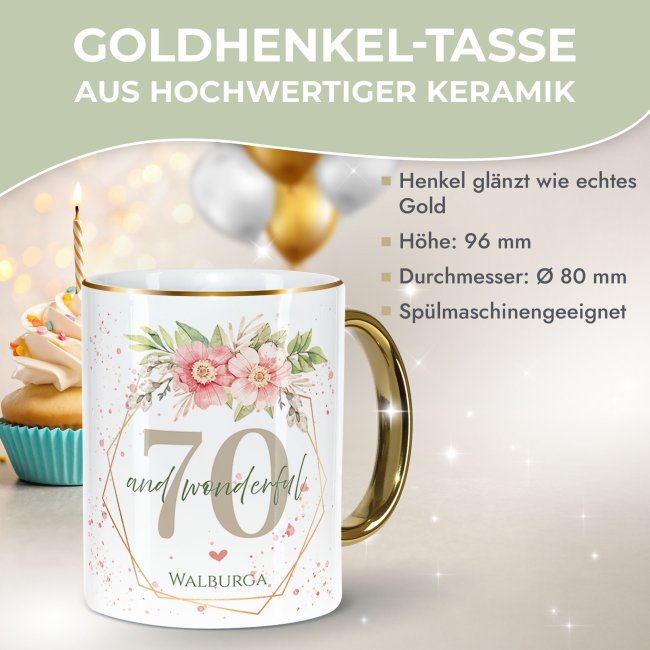 Tasse zum 70. Geburtstag - Mit Name - Wonderful mit Kranz - Rand &amp; Henkel Gold