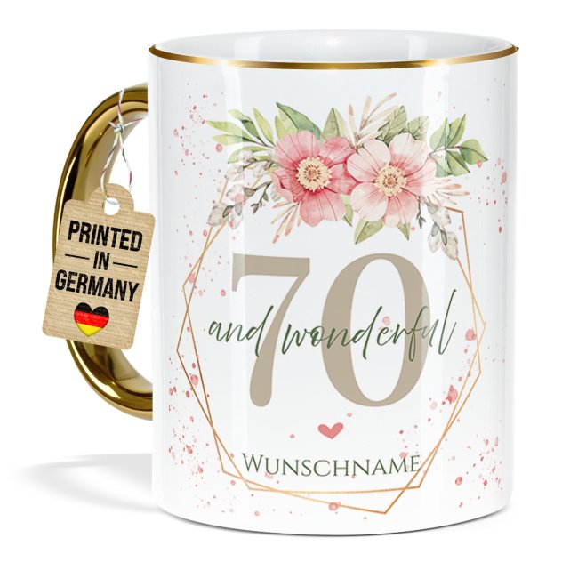 Tasse zum 70. Geburtstag - Mit Name - Wonderful mit Kranz - Rand &amp; Henkel Gold