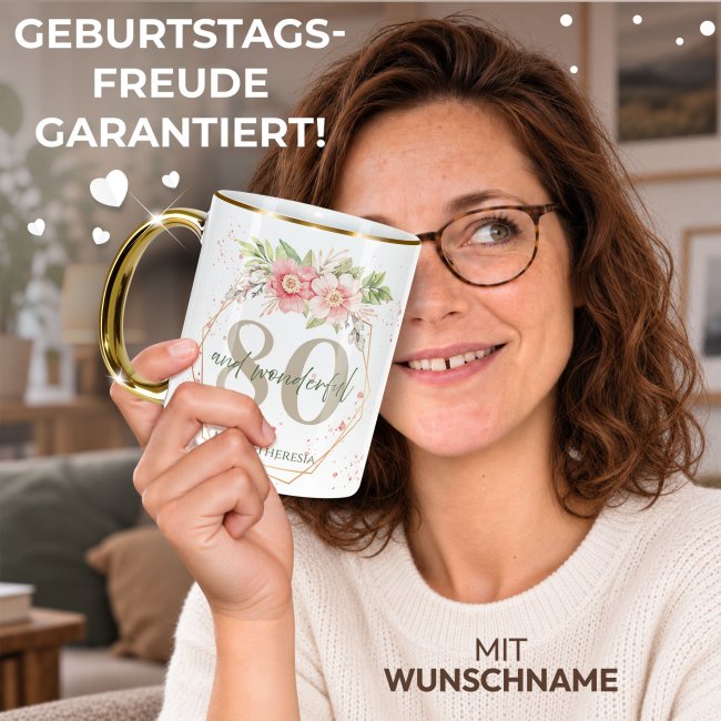 Tasse zum 80. Geburtstag - Mit Name - Wonderful mit Kranz - Rand &amp; Henkel Gold