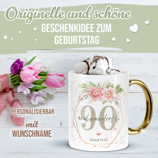 Tasse mit Goldhenkel zum 90. Geburtstag - Mit Name - Wonderful mit Kranz