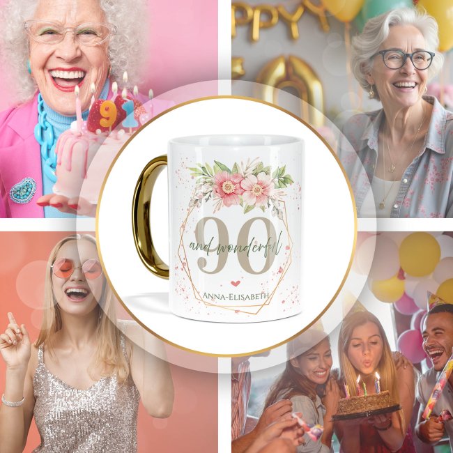 Tasse mit Goldhenkel zum 90. Geburtstag - Mit Name - Wonderful mit Kranz