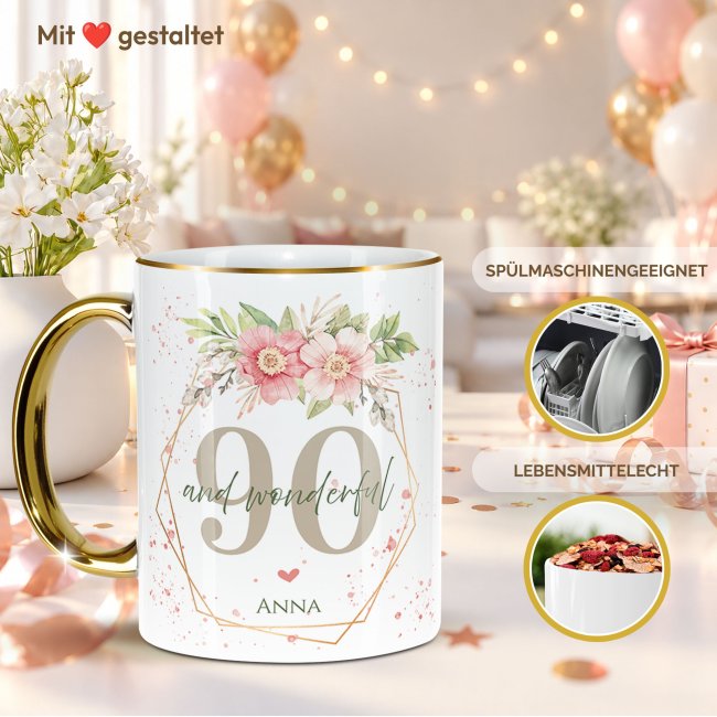 Tasse mit Goldhenkel zum 90. Geburtstag - Mit Name - Wonderful mit Kranz