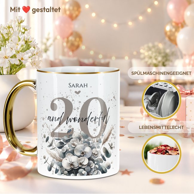 Tasse zum 20. Geburtstag - Mit Name - Wonderful - Rand &amp; Henkel Gold