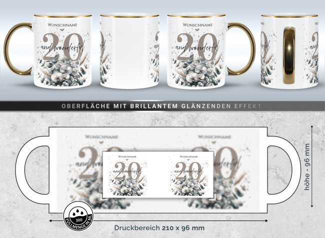 Tasse zum 20. Geburtstag - Mit Name - Wonderful - Rand &amp; Henkel Gold