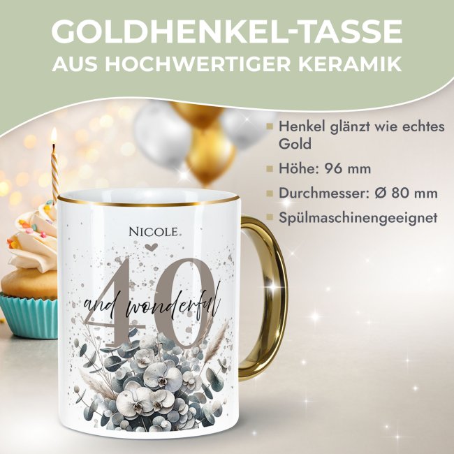 Tasse zum 40. Geburtstag - Mit Name - Wonderful - Rand &amp; Henkel Gold