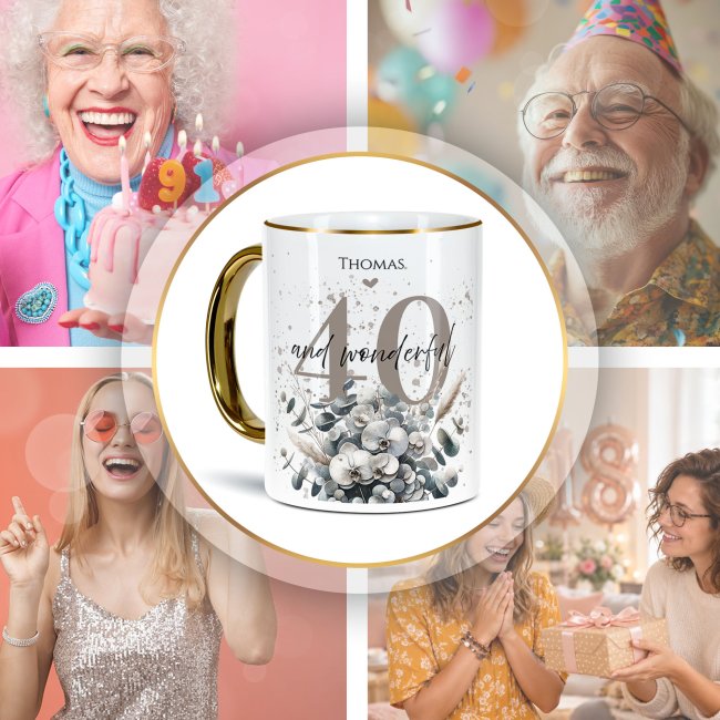 Tasse zum 40. Geburtstag - Mit Name - Wonderful - Rand &amp; Henkel Gold