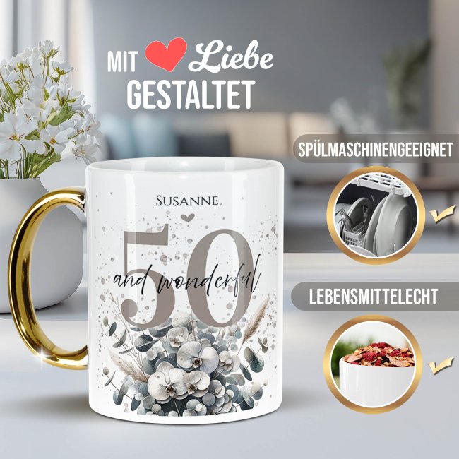 Tasse mit Goldhenkel zum 50. Geburtstag - Mit Name - Wonderful