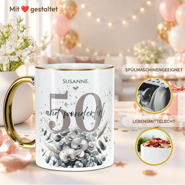 Tasse mit Goldhenkel zum 50. Geburtstag - Mit Name - Wonderful