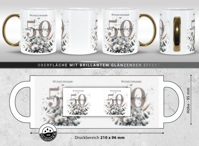 Tasse mit Goldhenkel zum 50. Geburtstag - Mit Name - Wonderful