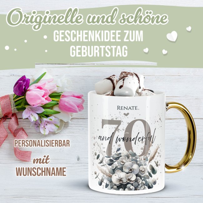 Tasse mit Goldhenkel zum 70. Geburtstag - Mit Name - Wonderful