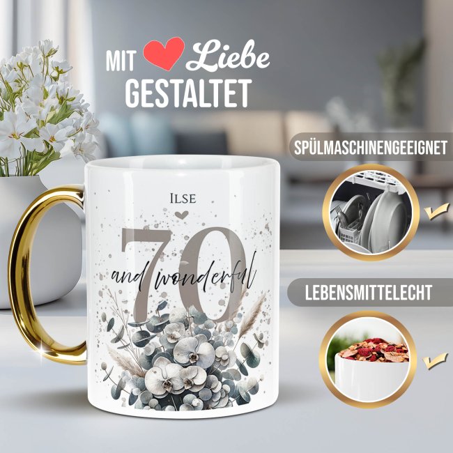 Tasse mit Goldhenkel zum 70. Geburtstag - Mit Name - Wonderful