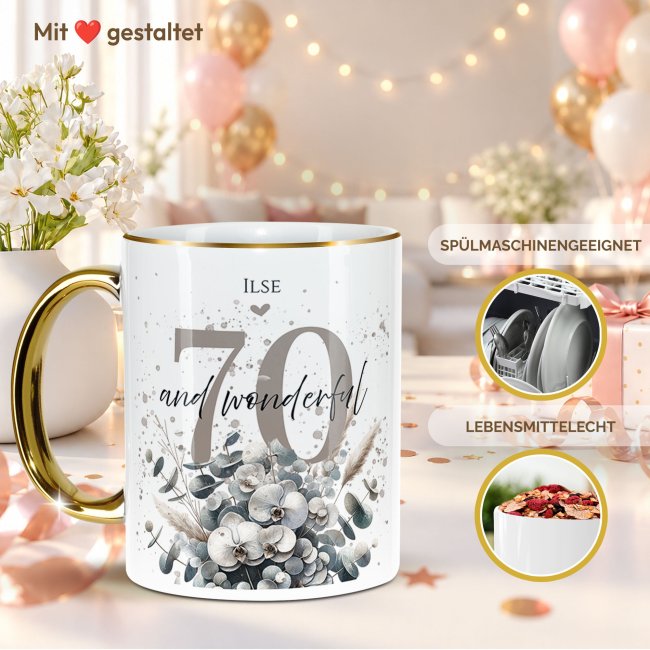 Tasse mit Goldhenkel zum 70. Geburtstag - Mit Name - Wonderful
