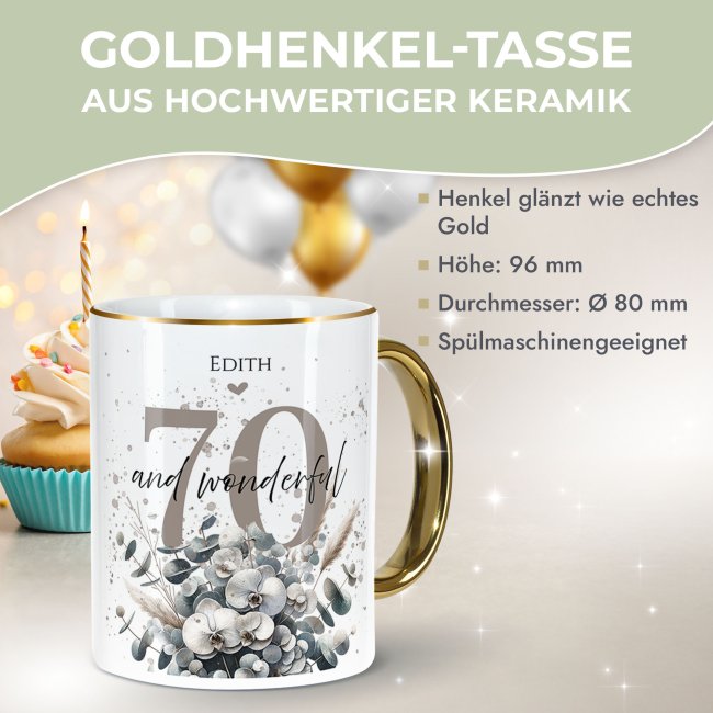 Tasse zum 70. Geburtstag - Mit Name - Wonderful - Rand &amp; Henkel Gold