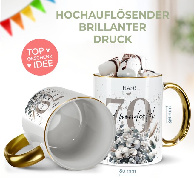 Tasse zum 70. Geburtstag - Mit Name - Wonderful - Rand &amp; Henkel Gold