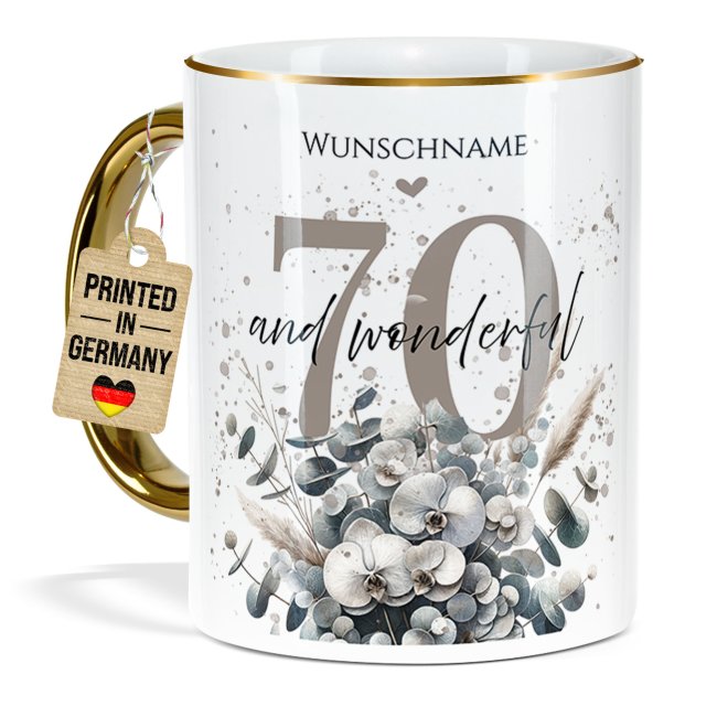 Tasse zum 70. Geburtstag - Mit Name - Wonderful - Rand &amp; Henkel Gold