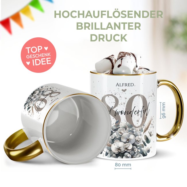 Tasse zum 80. Geburtstag - Mit Name - Wonderful - Rand &amp; Henkel Gold