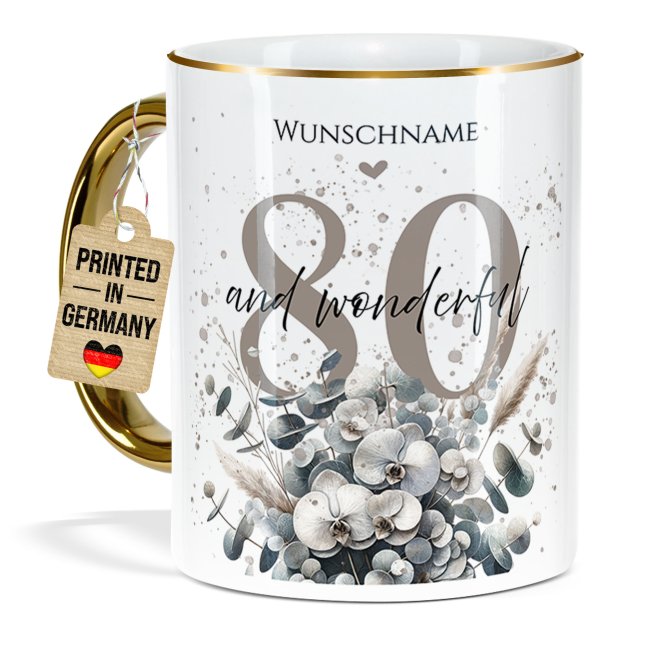 Tasse zum 80. Geburtstag - Mit Name - Wonderful - Rand &amp; Henkel Gold