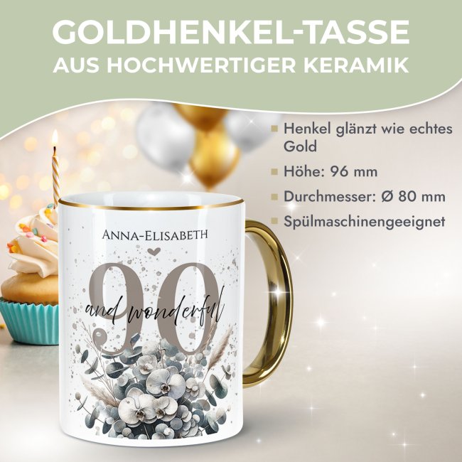 Tasse zum 90. Geburtstag - Mit Name - Wonderful - Rand &amp; Henkel Gold