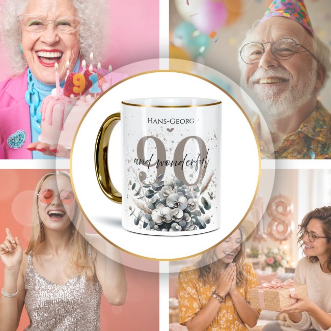 Tasse zum 90. Geburtstag - Mit Name - Wonderful - Rand &amp; Henkel Gold