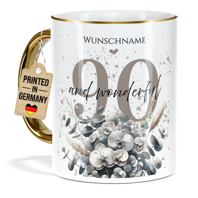 Tasse zum 90. Geburtstag - Mit Name - Wonderful - Rand &amp; Henkel Gold